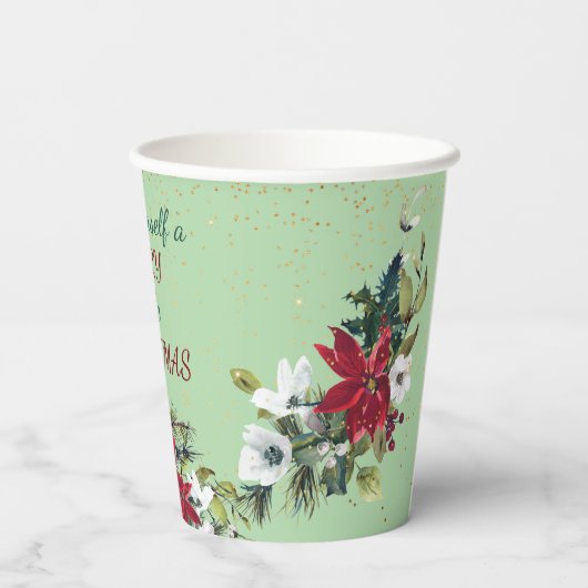 Red Poinsettia Bouquet Gold Glitter Kerstmis  Papieren Bekers (Achterkant)
