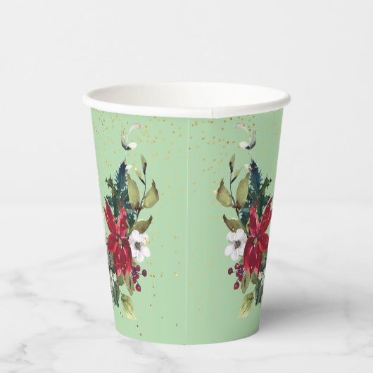 Red Poinsettia Bouquet Gold Glitter Kerstmis  Papieren Bekers (Rechts)