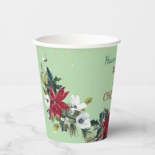 Red Poinsettia Bouquet Gold Glitter Kerstmis  Papieren Bekers (Voorkant)