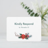 Red Poinsettia Bouquet Wedding RSVP Kaartje (Staand voorkant)