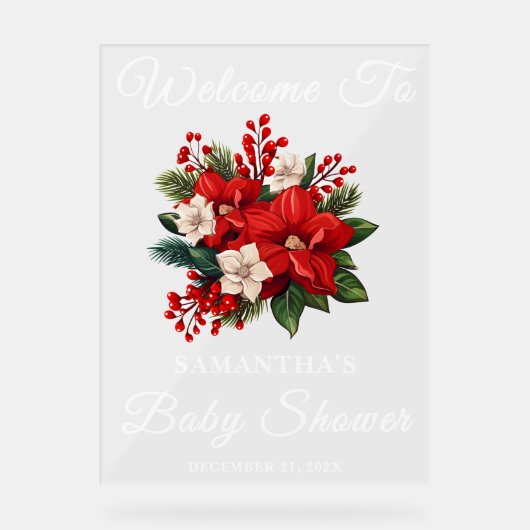 Red Poinsettia Christmas Baby shower Welkom Acryl Bord (Voorkant)