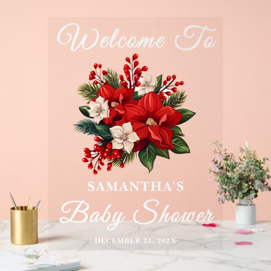 Red Poinsettia Christmas Baby shower Welkom Acryl Bord (Huwelijk)