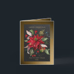 Red Poinsettia Christmas Botanical Winter Plant Kaart<br><div class="desc">Leg de schoonheid van rode poinsettia's vast,  een botanisch plant met gouden sprankelingen,  tentoongesteld in een goudkleurig lijst tegen een donkergrijze achtergrond. Dit elegante wenskaart wordt geleverd met aanpasbare tekst en de mogelijkheid om een aangepaste foto toe te voegen.</div>