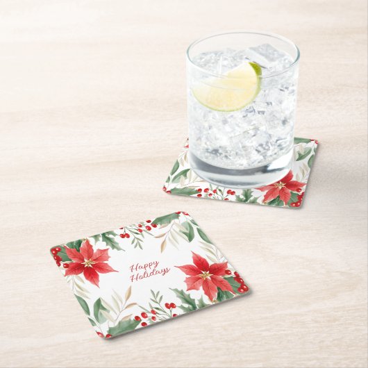 Red Poinsettia Christmas Holiday Paper Onderzetter (Insitu)