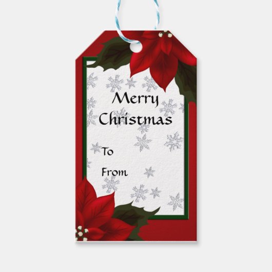 Red Poinsettia Christmas Snow Gift Tag Cadeaulabel (Voorkant)