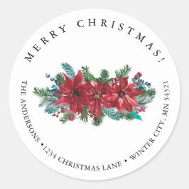 Red Poinsettia Classic Merry-kerstadres Ronde Sticker
