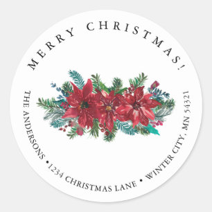 Red Poinsettia Classic Merry-kerstadres Ronde Sticker