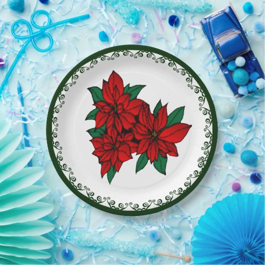 Red Poinsettia Cluster Kerstmis Floral Holiday Papieren Bordje (Feest)