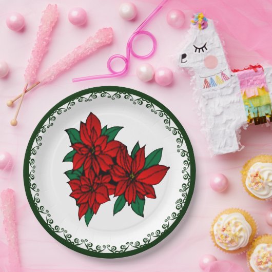 Red Poinsettia Cluster Kerstmis Floral Holiday Papieren Bordje (Feest)