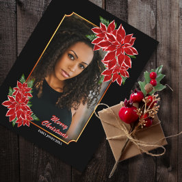 Red Poinsettia Custom Photo Black Border kerst Feestdagenkaart