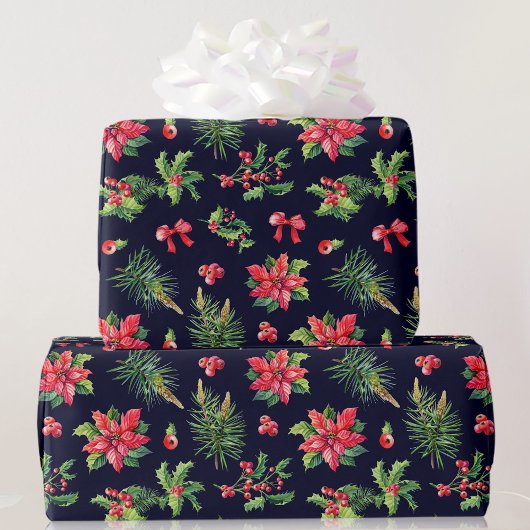 Red Poinsettia en Holly Roll of Cadeaupapier
