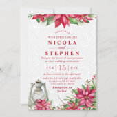 Red Poinsettia en Lantern Winter Wedding Kaart (Voorkant)