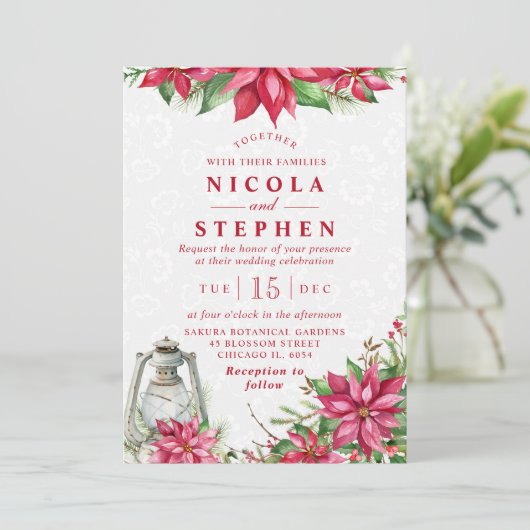 Red Poinsettia en Lantern Winter Wedding Kaart (Staand voorkant)