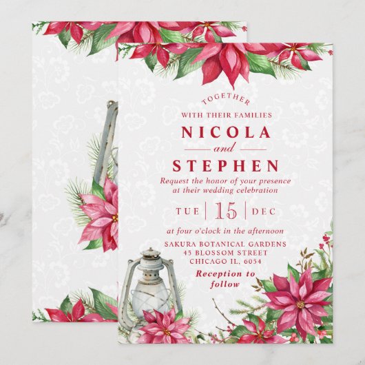 Red Poinsettia en Lantern Winter Wedding Kaart (Voorkant / Achterkant)