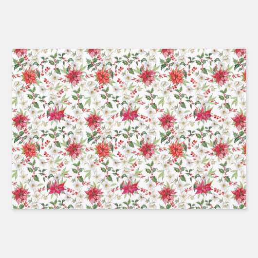 Red Poinsettia en Paperwhite-kerstpatroon Inpakpapier Vel (Voorkant 3)
