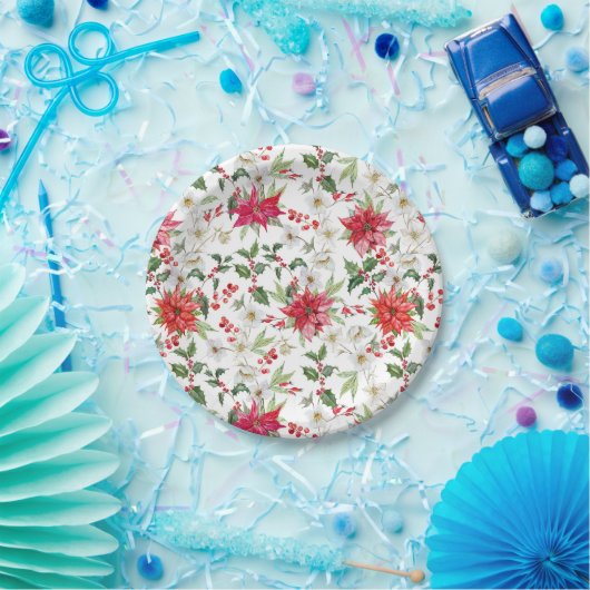 Red Poinsettia en Paperwhite-kerstpatroon Papieren Bordje (Feest)
