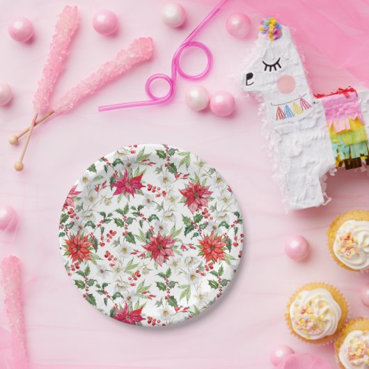 Red Poinsettia en Paperwhite-kerstpatroon Papieren Bordje (Feest)