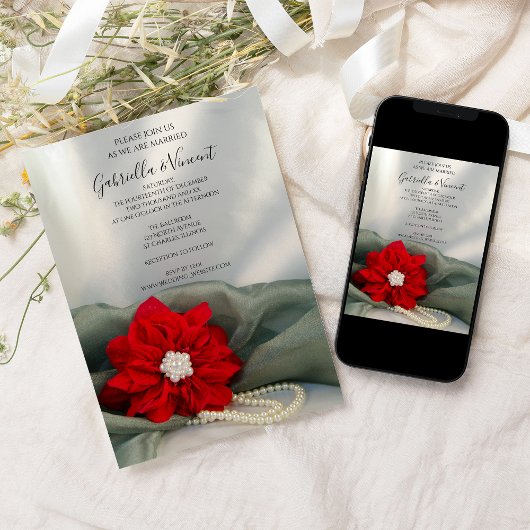 Red Poinsettia en parels op het groene winterhuwel Kaart