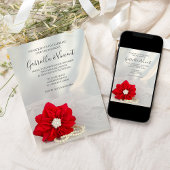 Red Poinsettia en Pearls Winter Engagement Party Kaart