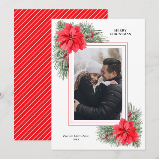 Red Poinsettia en Pines-kerstfoto Feestdagenkaart (Voorkant / Achterkant)