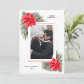 Red Poinsettia en Pines-kerstfoto Feestdagenkaart (Staand voorkant)