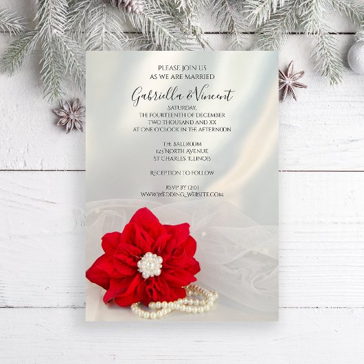 Red Poinsettia en White Pearls Winter Wedding Kaart