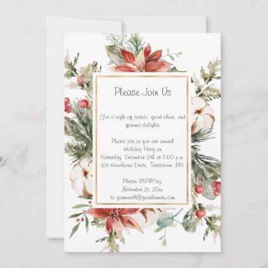 Red Poinsettia Evergreen Snow-kerstfeest Kaart (Voorkant)