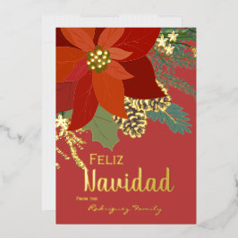 Red Poinsettia Feliz Navidad Gold Folie Feestdagenkaart