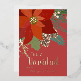 Red Poinsettia Feliz Navidad Roos Gold Folie Feestdagenkaart