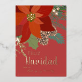 Red Poinsettia Feliz Navidad Roos Gold Folie Feestdagenkaart (Voorkant)