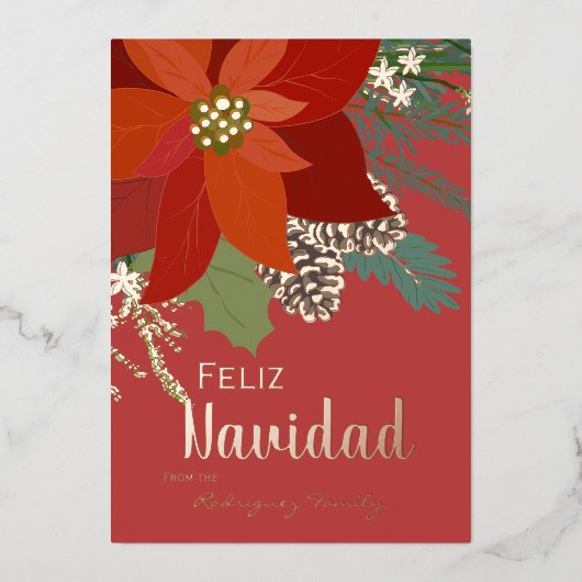 Red Poinsettia Feliz Navidad Roos Gold Folie Feestdagenkaart (Voorkant)