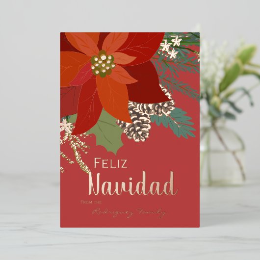 Red Poinsettia Feliz Navidad Roos Gold Folie Feestdagenkaart (Staand Voorkant)