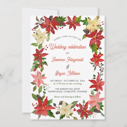 Red Poinsettia Floral Berry kerst | Weddenschap Kaart (Voorkant)