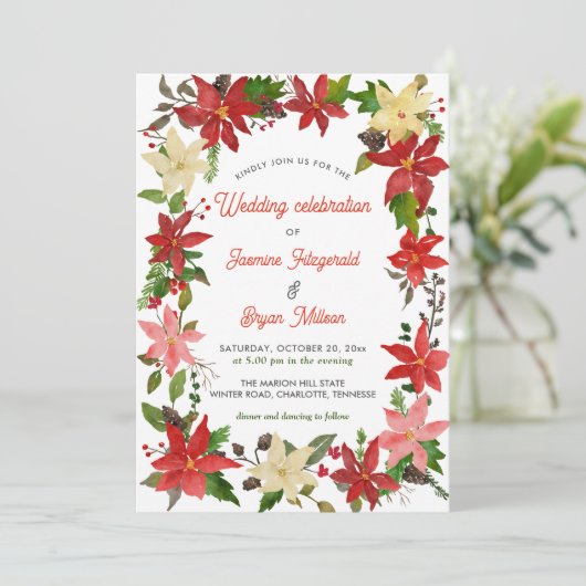 Red Poinsettia Floral Berry kerst | Weddenschap Kaart (Staand voorkant)