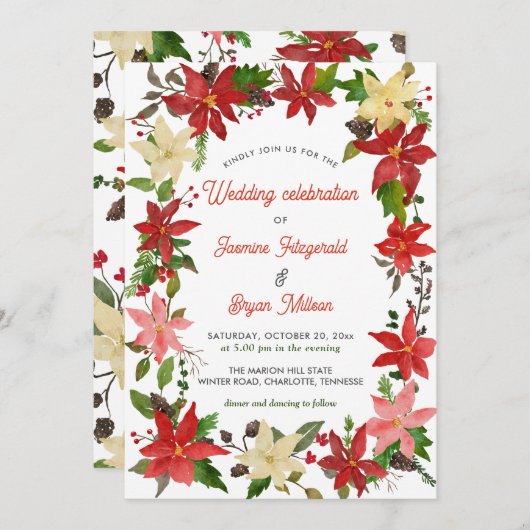 Red Poinsettia Floral Berry kerst | Weddenschap Kaart (Voorkant / Achterkant)