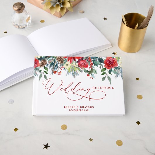Red Poinsettia Floral Christmas Wedding Gastenboek (Voorkant open)