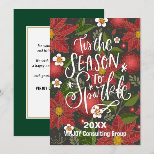 Red Poinsettia Floral Elegant Script Corporate Feestdagenkaart (Voorkant / Achterkant)