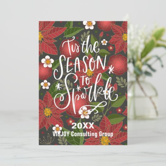 Red Poinsettia Floral Elegant Script Corporate Feestdagenkaart (Staand voorkant)