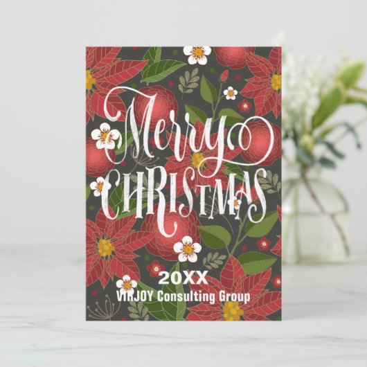 Red Poinsettia Floral Elegant Script Corporate Feestdagenkaart (Staand voorkant)