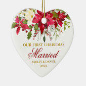 Red Poinsettia Floral Gold First Kersthuwelijk Keramisch Ornament (Rechts)