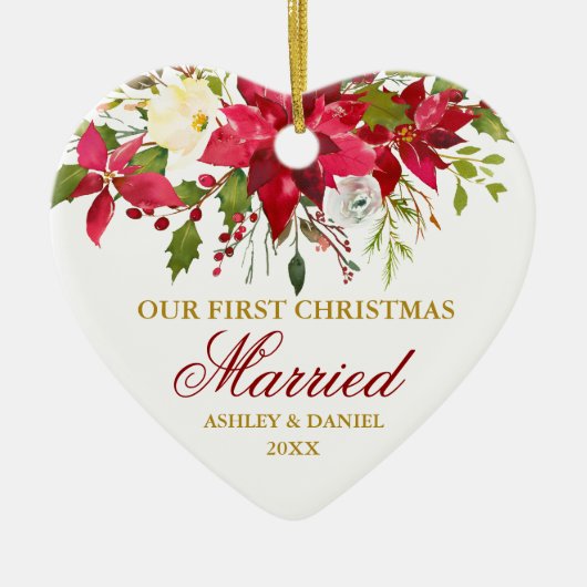 Red Poinsettia Floral Gold First Kersthuwelijk Keramisch Ornament (Voorkant)