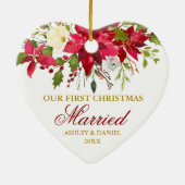 Red Poinsettia Floral Gold First Kersthuwelijk Keramisch Ornament (Achterkant)
