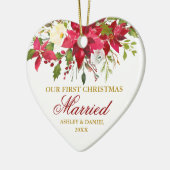 Red Poinsettia Floral Gold First Kersthuwelijk Keramisch Ornament (Links)