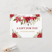 Red Poinsettia Floral Gold Gift Certificate Kaart (Voorkant / Achterkant in situ)
