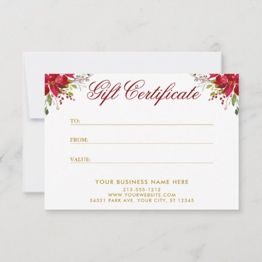 Red Poinsettia Floral Gold Gift Certificate Kaart (Achterkant)