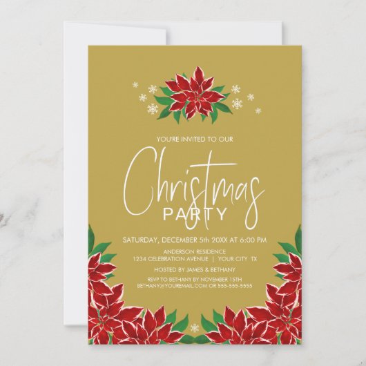 Red Poinsettia Floral Gold Kerstparty Kaart (Voorkant)