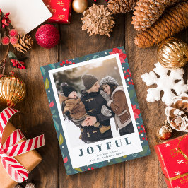 Red Poinsettia Floral Green Foto met Kerstmis Feestdagenkaart