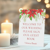 Red Poinsettia Floral Holiday Wedding Guest Book Reclamebord Met Voetstuk