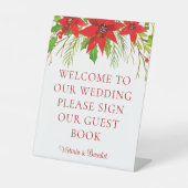 Red Poinsettia Floral Holiday Wedding Guest Book Reclamebord Met Voetstuk (Voorkant)