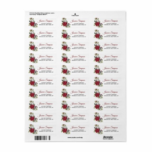 Red Poinsettia Floral-kerstadreslabel Etiket (Full Sheet)